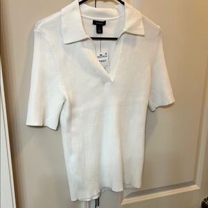 Halogen White Fitted Ribbed Button Down Blouse
